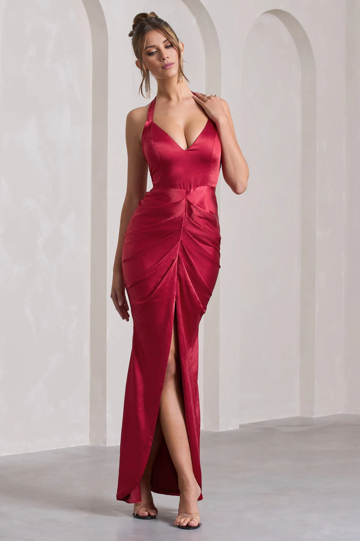 Satin low V hanging neck open back slit and floor length evening dress - Dress