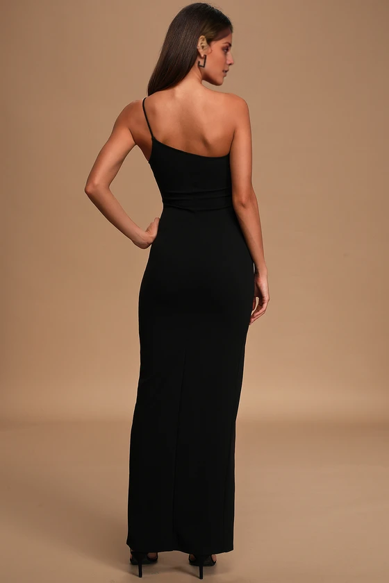 asymmetrical collar off shoulder sleeveless backless side slit and floor length evening dress