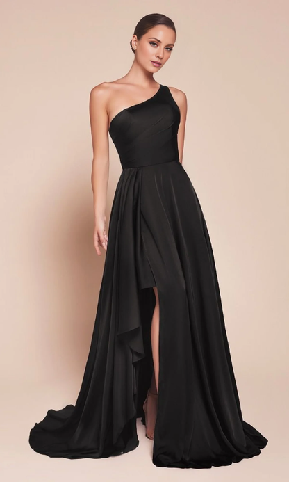 A-line satin single shoulder long side slit and floor length evening dress