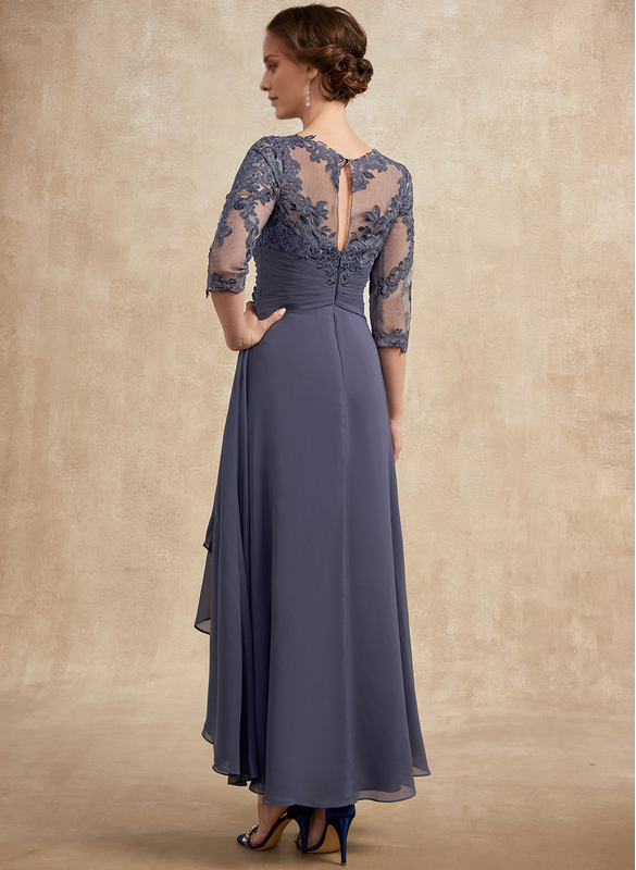 A-line hollow illusion asymmetrical lace chiffon belt with layered ruffles mother of the bride dress