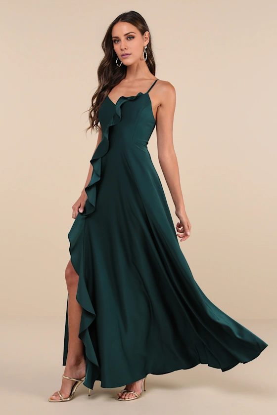 V-neck sleeveless thin shoulder strap with backless side slit ruffle edge and floor length evening dress
