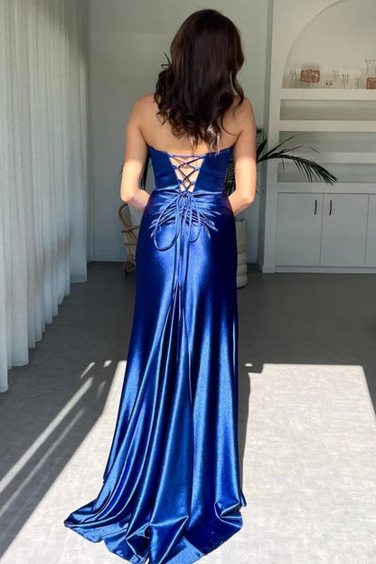 elegant slim fit low V-neck sleeveless pleated ball gown with high side slit and trailing lace up evening gown