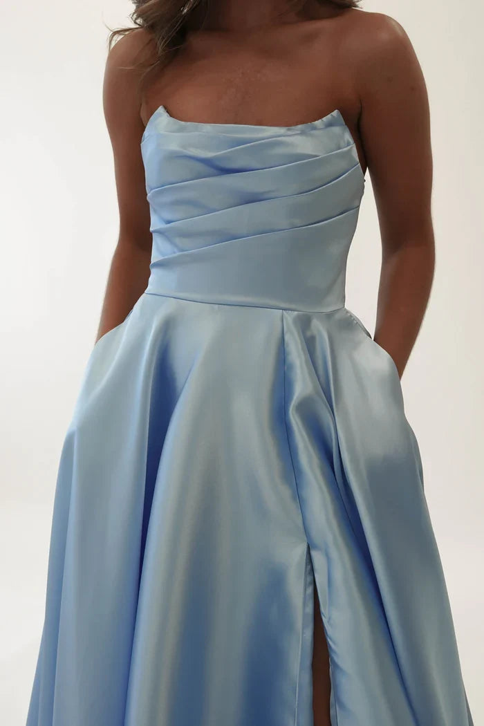 Off shoulder satin backless side slit long Prom dress - Dress