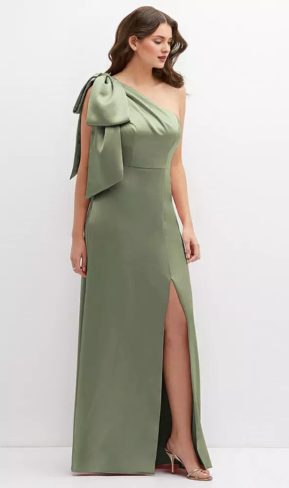 Unique oversized shoulder bow one shoulder satin long Prom dress