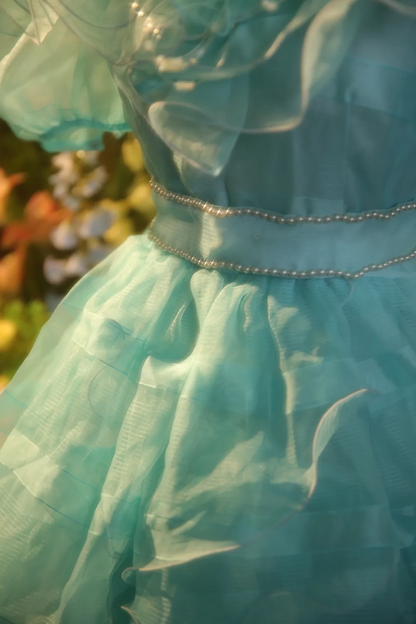 Light blue puff sleeves, fitted waist, full skirt, ball gown, bridal gown R7260