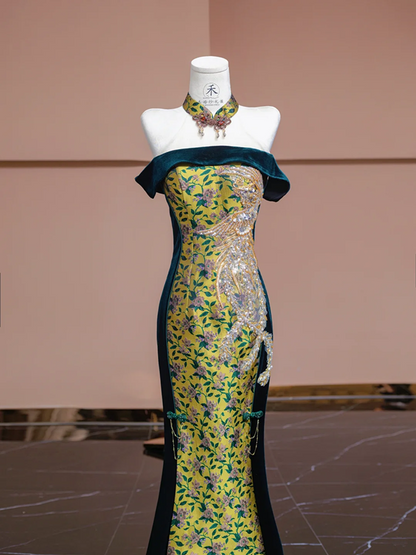 Yellow-based, green floral print, off-the-shoulder, fitted, long ball gown R8336