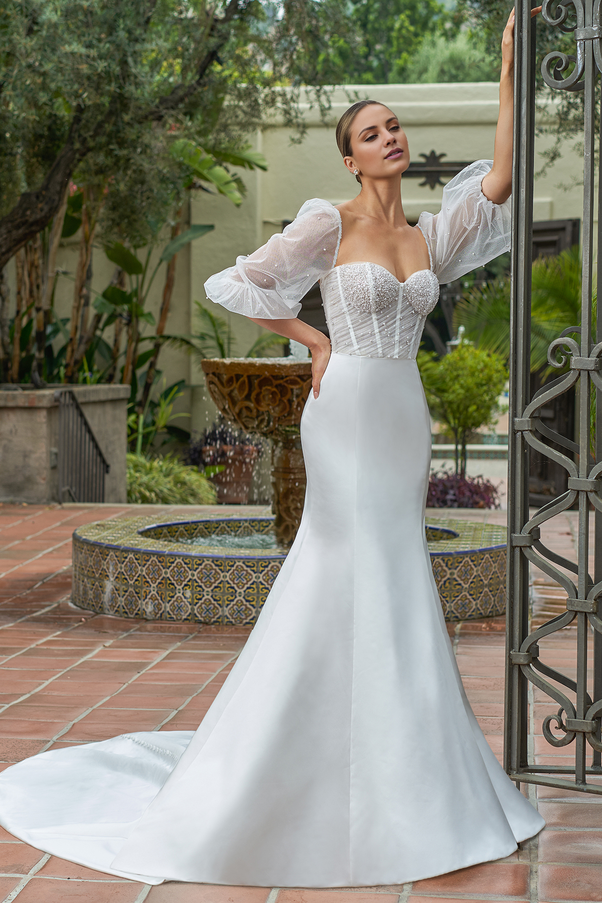 Satin slim fit trumpet bead transparent bubble sleeves and floor length wedding dress