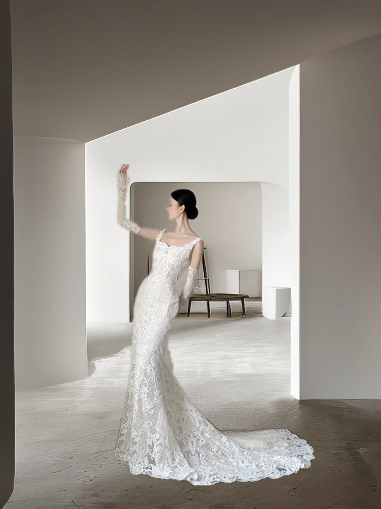 White halter-neck lace fitted waist sexy long ball gown/wedding dress R8020