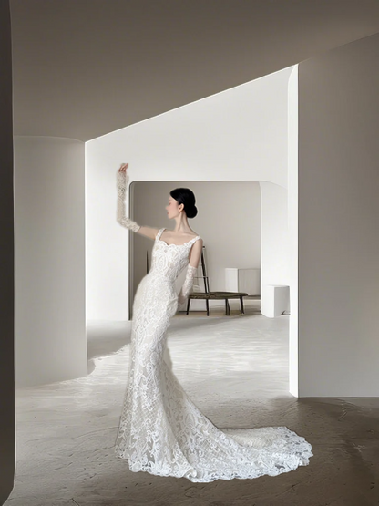 White halter-neck lace fitted waist sexy long ball gown/wedding dress R8020