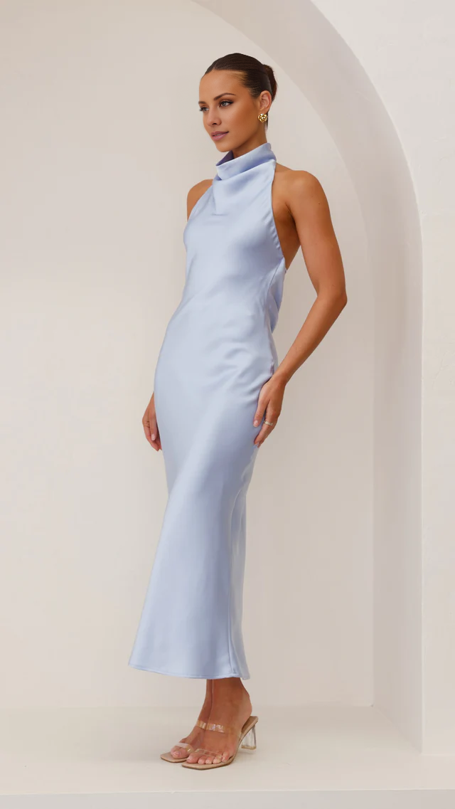 high neck with exposed back strap and floor length Prom dress