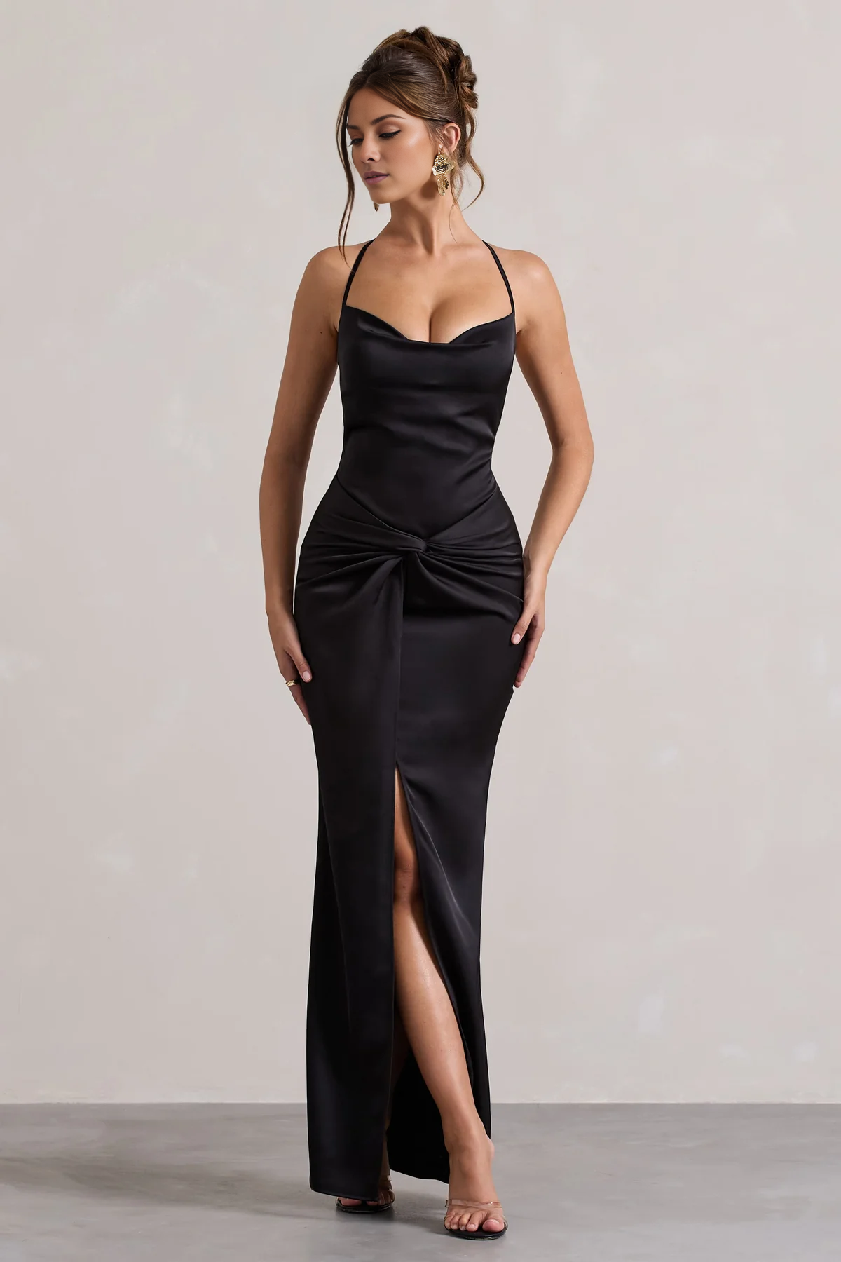 Satin high neck twisted pleat slit and floor length evening dress - dress