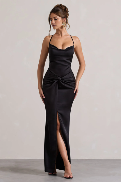 Satin high neck twisted pleat slit and floor length evening dress - dress