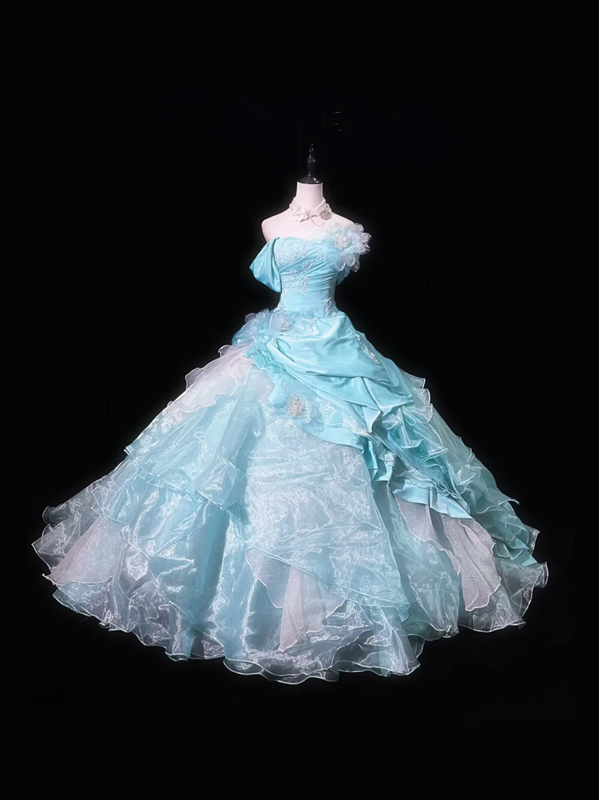 Light blue strapless, fitted waist, full skirt, long ball gown R8675