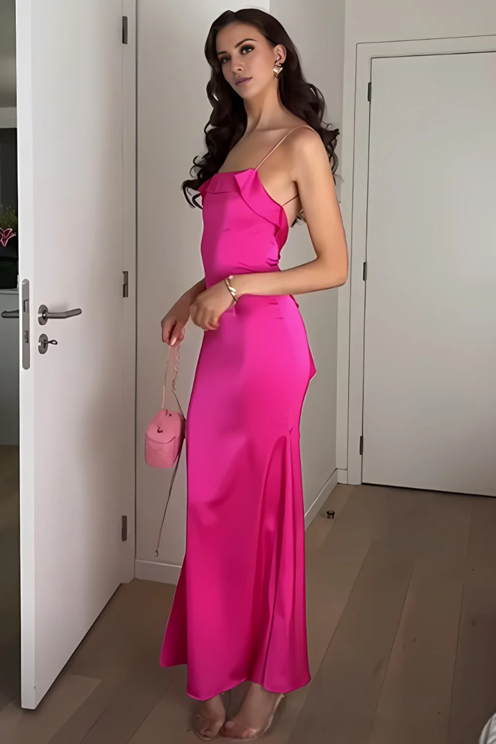charming tight thin shoulder strap purple red backless long Prom dress