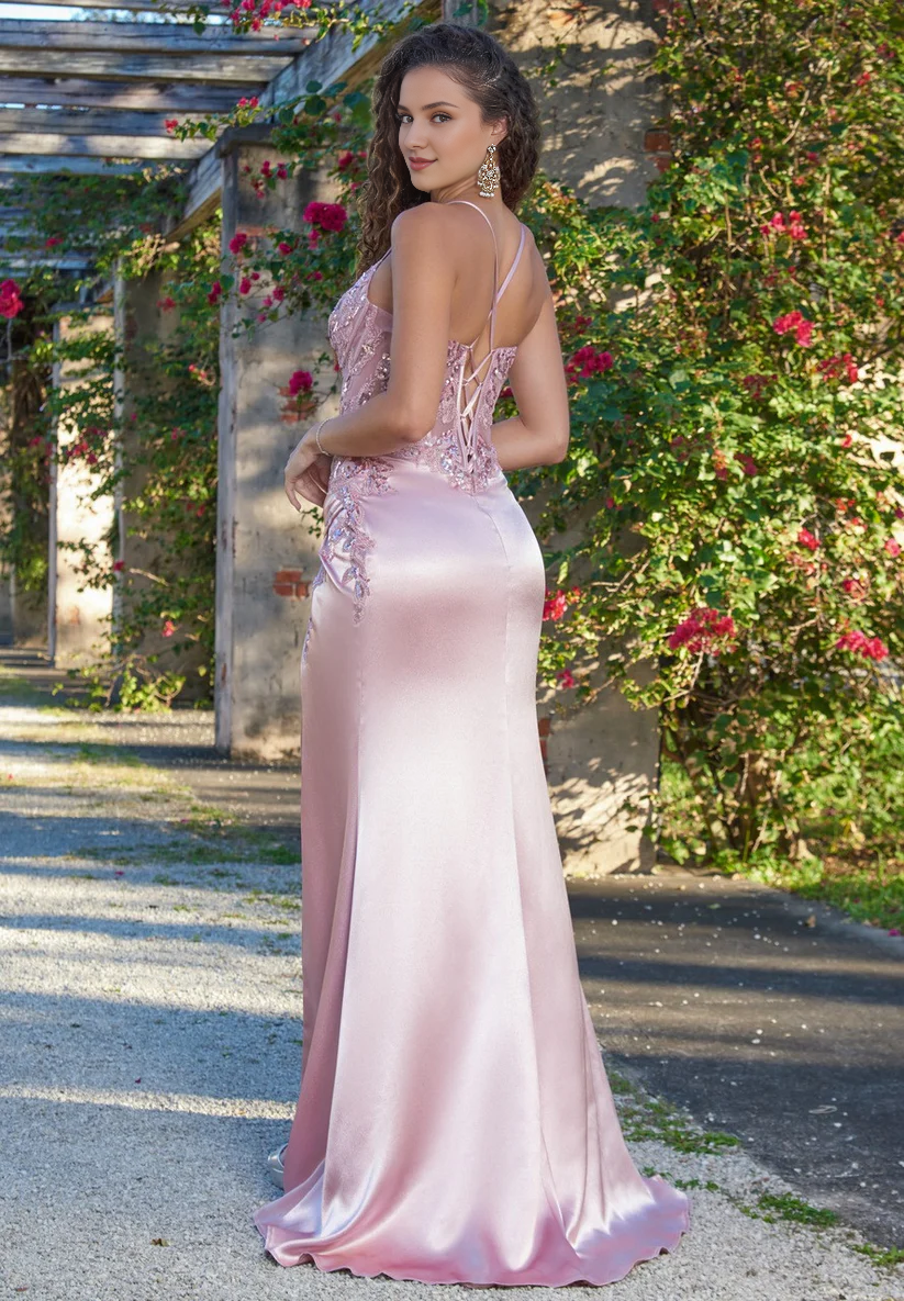 Thin shoulder strap beaded body tight corset slit dress
