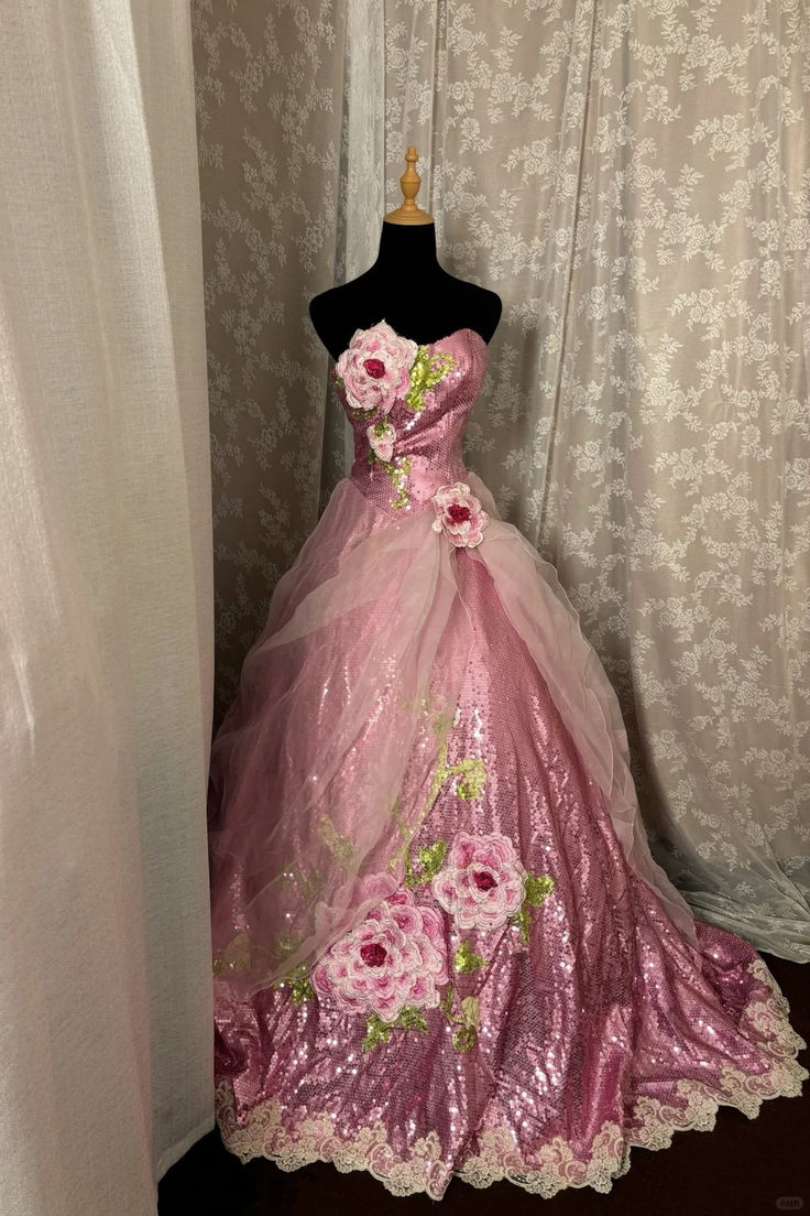 Sweet Strapless Sequin Ball Gown Pink Birthday Quinceanera Dress With 3D Flowers SP1475