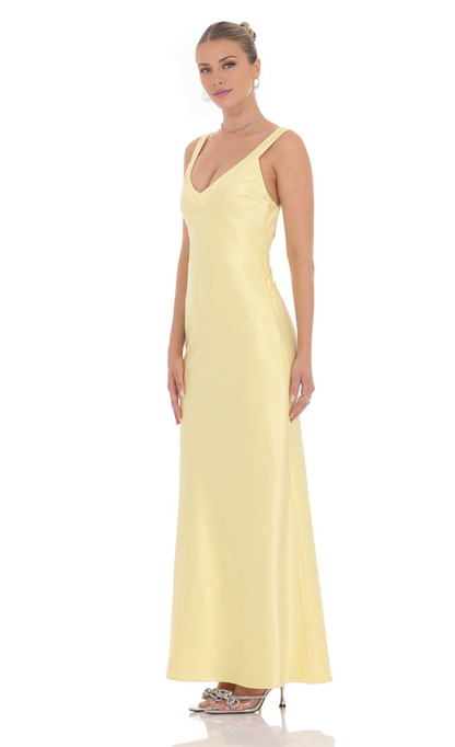 V collar off shoulder sleeveless satin backless and floor length Prom dress