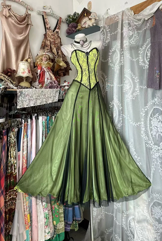 Green strapless fitted waist long ball gown with a full skirt R8114