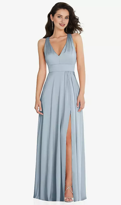Front slit parallel crease seam shoulder back cross long Prom dress
