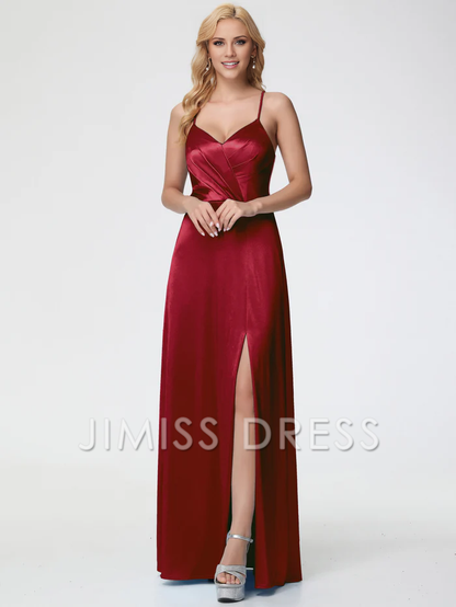 thin shoulder strap V-neck pleated backless satin slit Prom dress