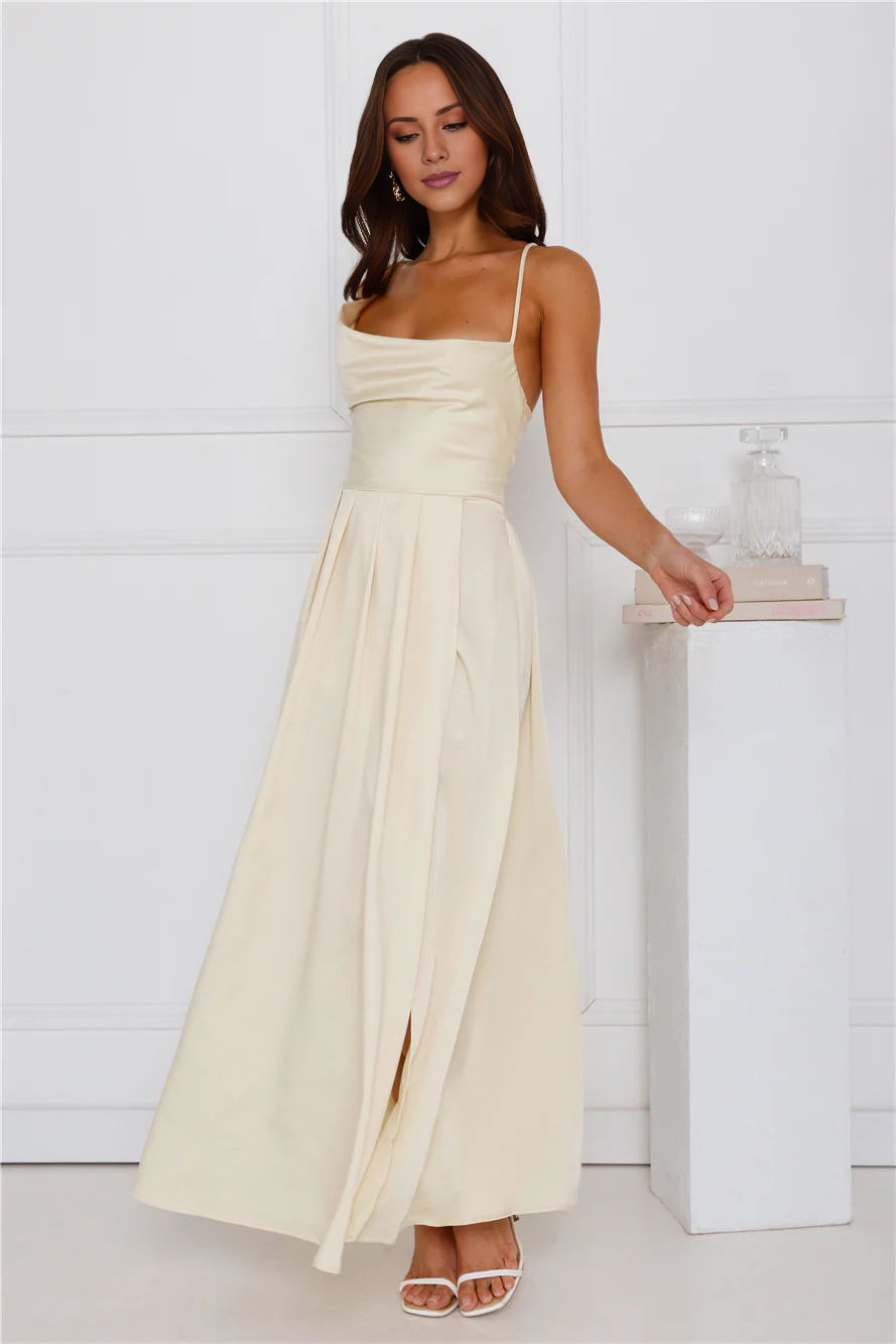asymmetrical neckline satin exposed back strap side slit long Prom dress