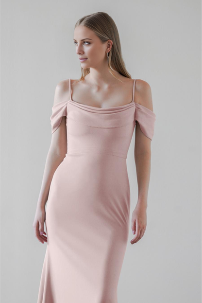 slim shoulder strap with exposed back zipper and floor length evening dress