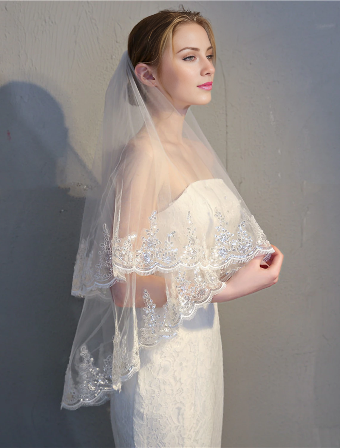 - Two layer Classic Style/Lace Sticked Lace Wedding Dress with Fingertip Stickers/Maillette 33.46 inch (85cm) Lace/sheer/drape dress, leaving a deep impression on 2026