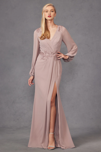 A-line slit skirt embroidered long sleeved dress