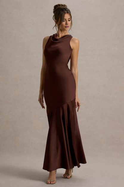 Satin high neck backless and floor length evening dress - dress