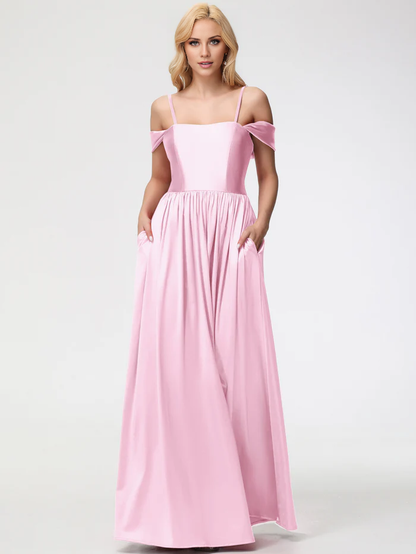 off shoulder satin and floor length Prom dress