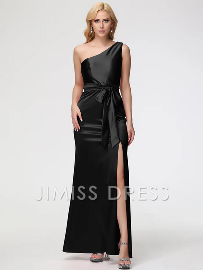 single shoulder trumpet/mermaid sleeveless pleated satin Prom dress