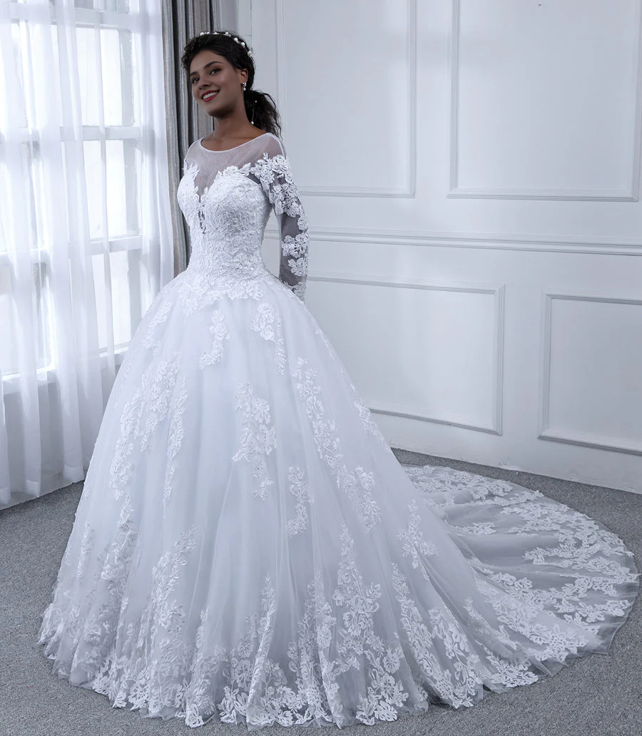 Pearl embellishment decal transparent collar long sleeved chiffon dance dress wedding dress