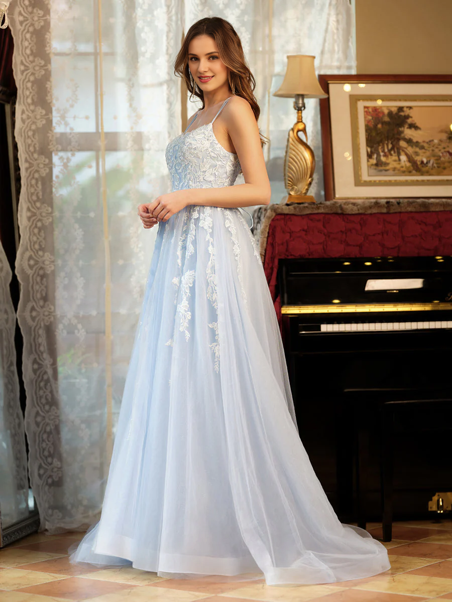 A-line princess chiffon thin shoulder strap embroidered long ball dress