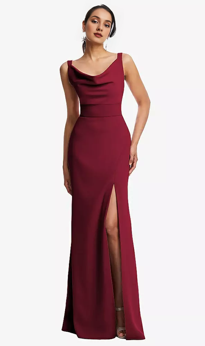 Front slit bucket collar wide shoulder strap crepe horn and floor length Prom dress