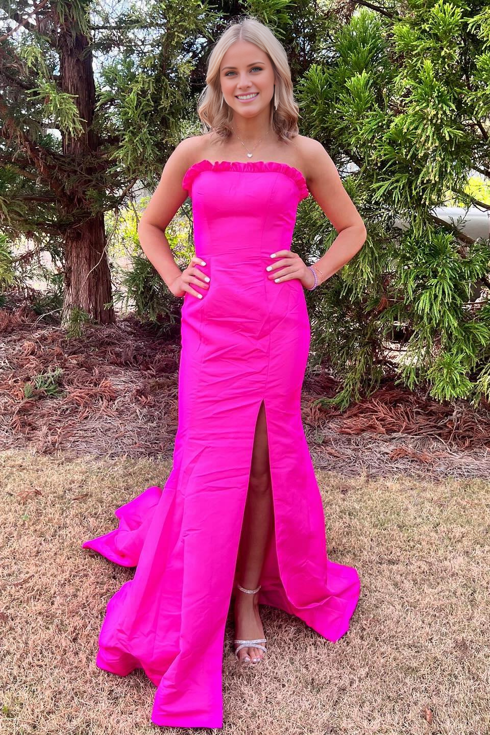 off shoulder red satin slit with fish tail long dress