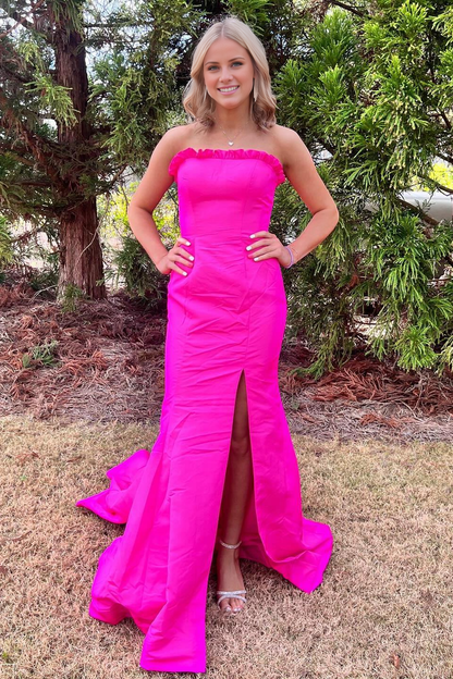 off shoulder red satin slit with fish tail long dress