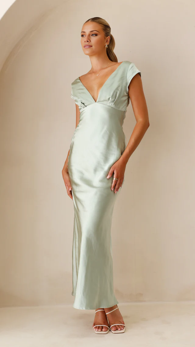 straight V-neck short sleeved and floor length Prom dress