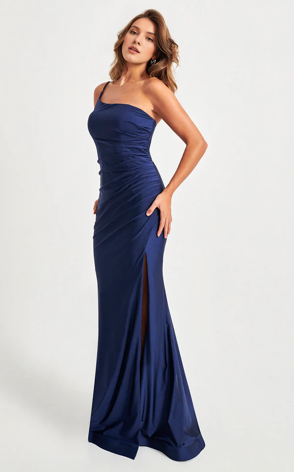 Asymmetric collar side slit and floor length Prom dress