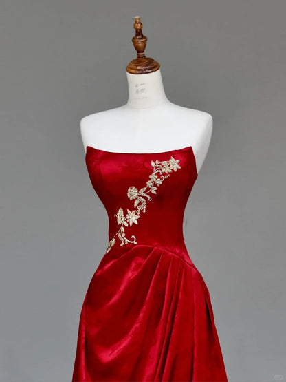 Girlhomeshops -Red floral applique long satin prom dress evening gown party dress gh5113