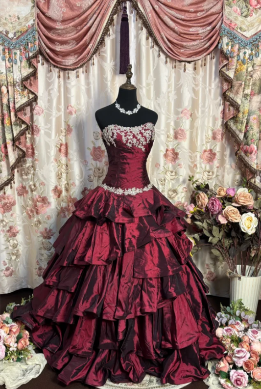 Charming Burgundy Ball Gown Strapless Beaded Appliques Satin Layered Birthday Quinceanera Dress