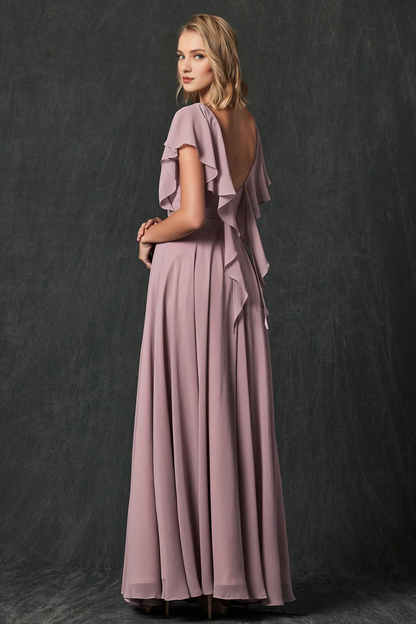 Stacked back transparent flowing sleeve chiffon dress