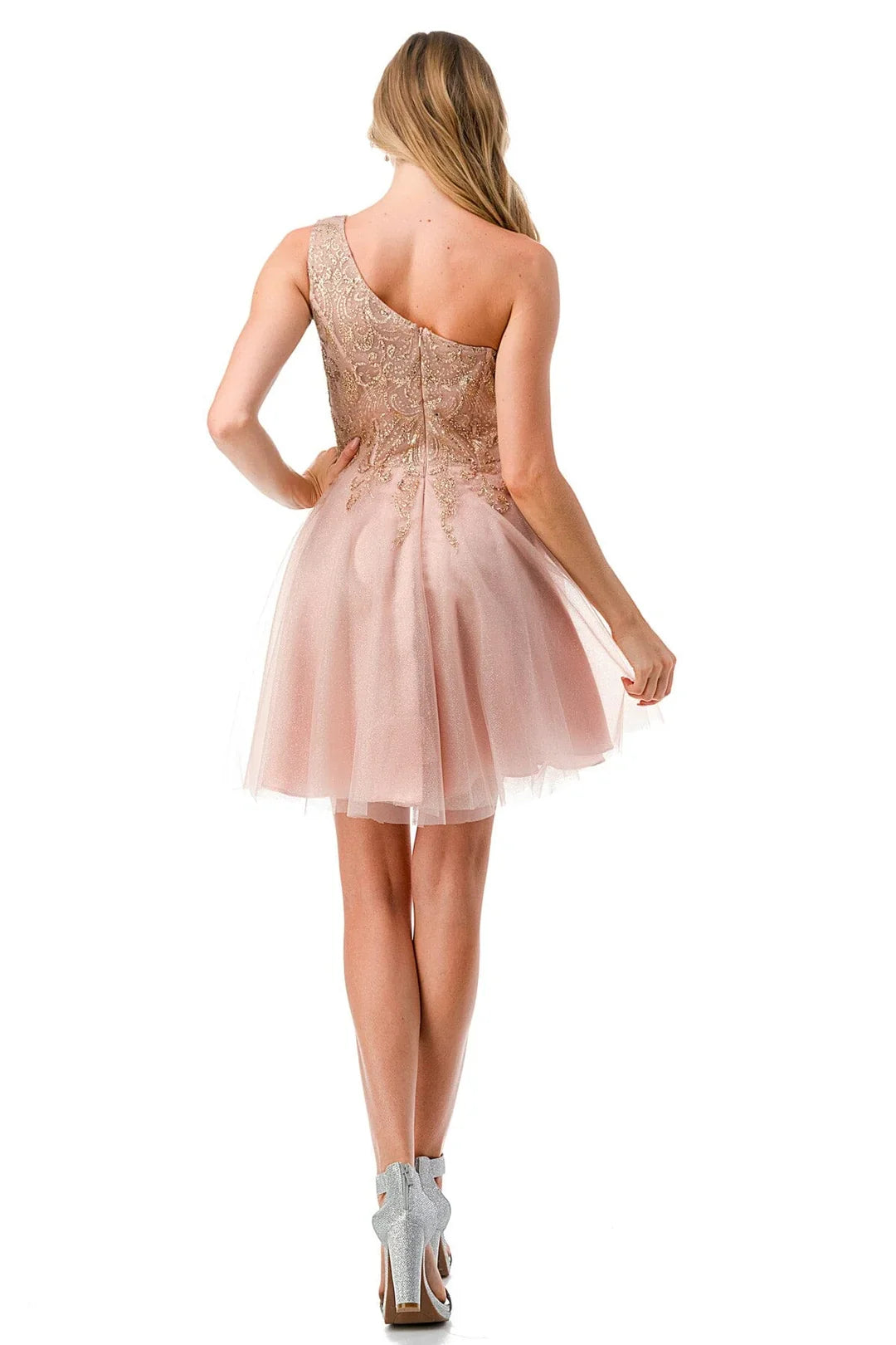 Beaded short one shoulder dress paired with A-line skirt