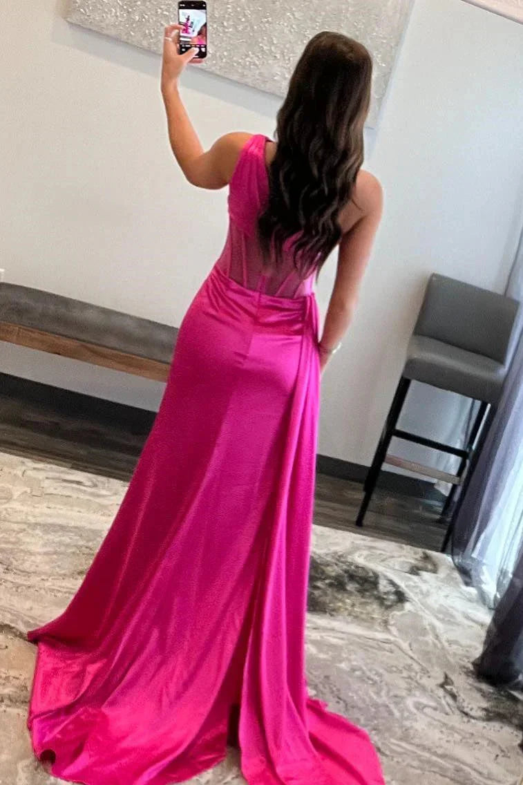 One Shoulder Hot Pink Split Mermaid Long Prom Dress