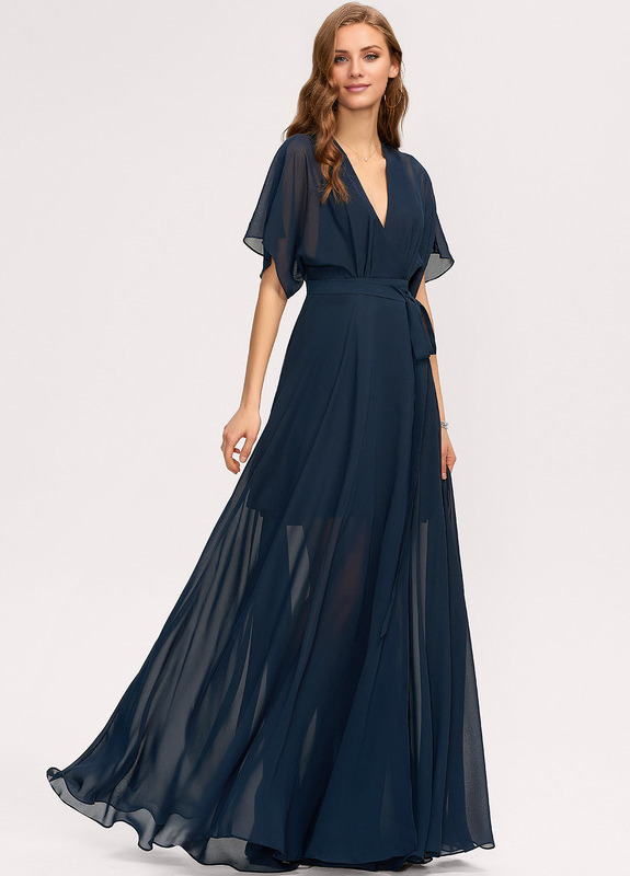 A-line V-neck floor-length chiffon bridesmaid dress