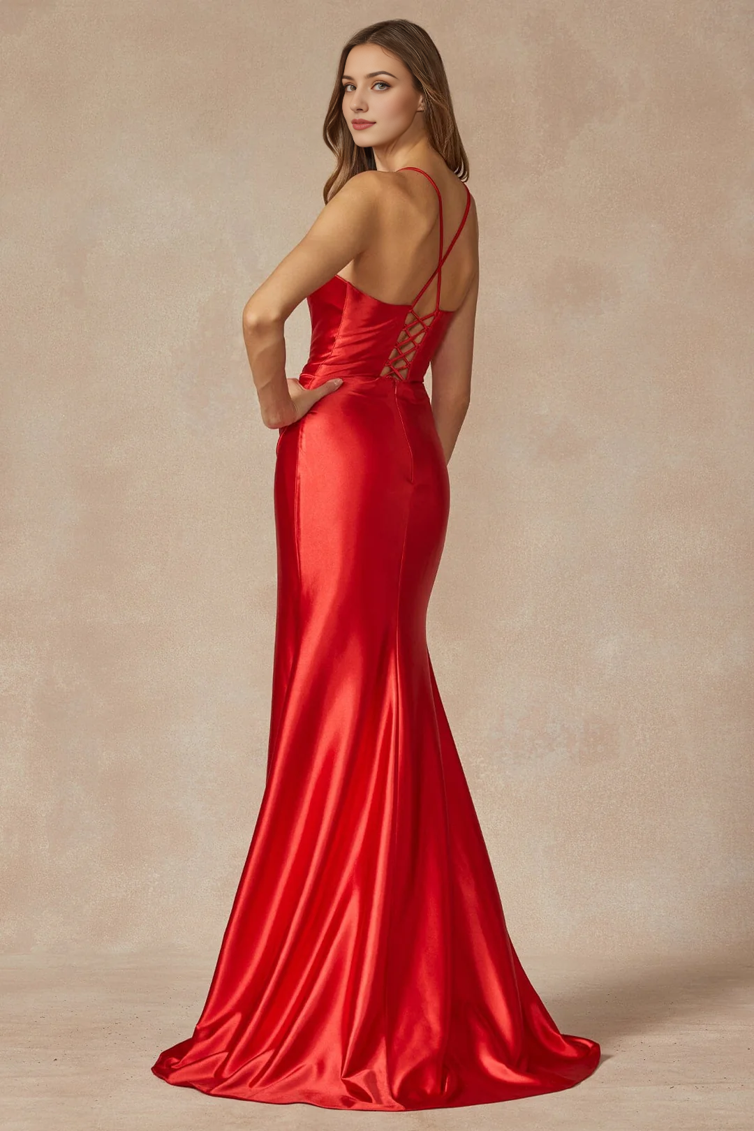 Fitted slit skirt long sleeveless V-neck plain knit dress
