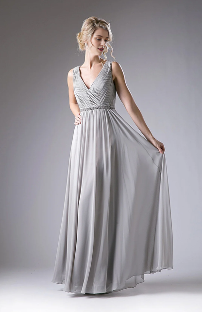 A-line pleated long V-neck chiffon dress