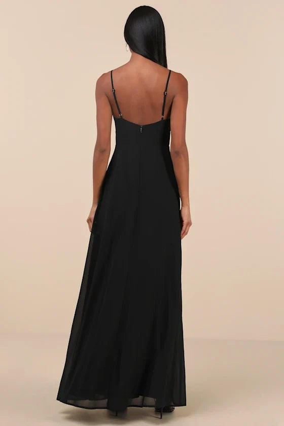 V-neck sleeveless thin shoulder strap backless side slit and floor length evening dress