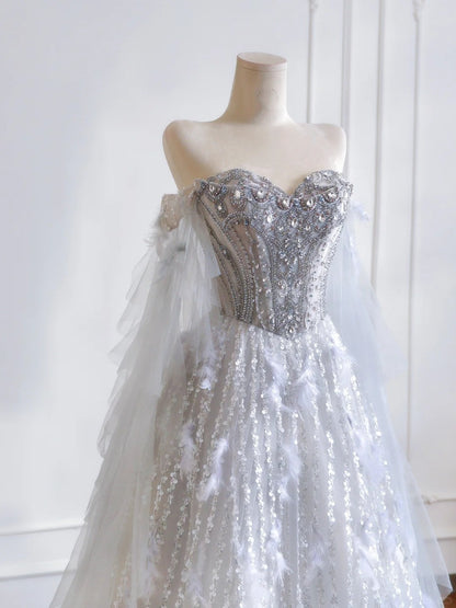 Girlhomeshops--Gray purple gorgeous feather tulle and diamond exquisite beading long tulle prom dress wedding dress gh5486