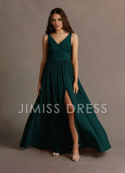 slim shoulder strap V-neck side slit and floor length Prom dress