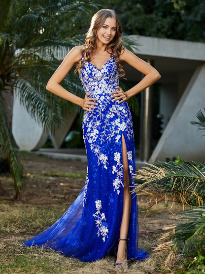Lace applique high slit slim fit chiffon Prom dress